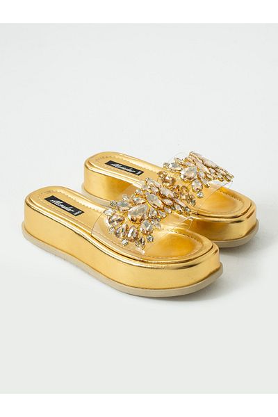 ALEMDAR AYAKKABI Lustra Gold Stone Detail Women's Slippers