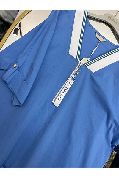 ARAS V-Neck Zippered Gathered Waist Blouse-54 - Blue