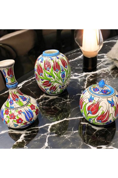 Loremp Hediyelik Dekoratif El Yapımı Osmanlı Çini Desenli Vazo, Küp Ve Kapakl...