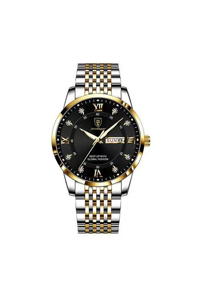 POEDAGAR Men's Watch Cs1300, Stainless Steel, Silver/Gold, Black Dial