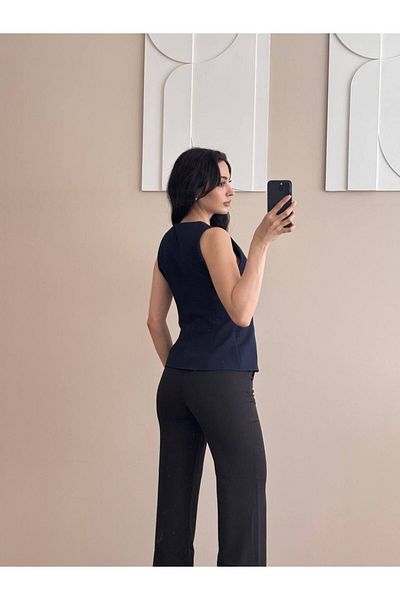 LOCH BUTİK Navy Blue Agraf Detailed Vest