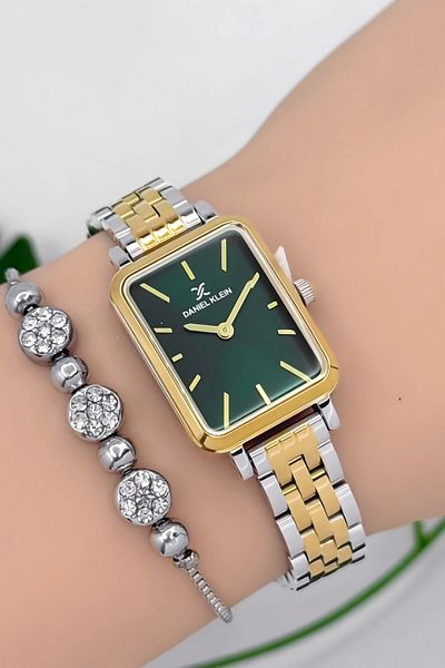 Daniel Klein Steel Cord Women Wrist Watch 3 Atm Water Resistant Silver-Gold-Green Zmdk1187