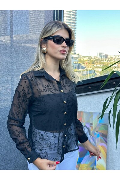 Kübra Tekstil Women S Black Sheer Lace Trim Long Sleeve Shirt with Gold Buttons – for Stylish and Elegant Combinations