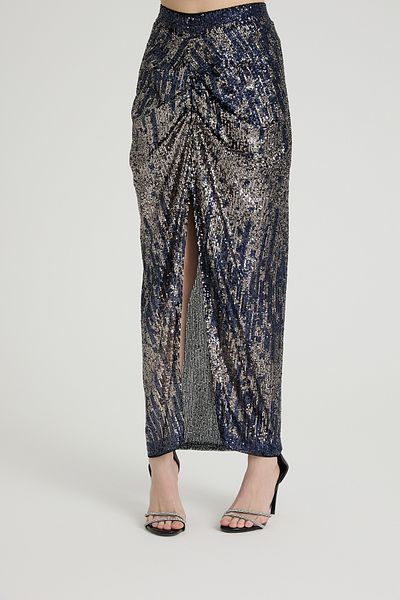 Dejabrew Jeans Navy Blue Large Size Sequined Draped Long Skirt A070-1