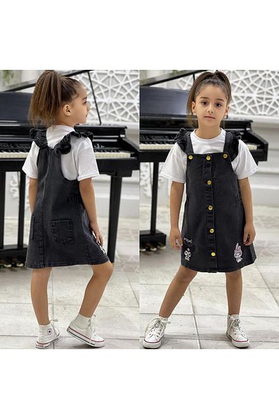 yns coolstar Kuromi Embroidered Buttoned Front Denim Salopet Gilet Dress and T-Shirt