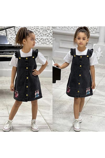 yns coolstar New Season Stitch Embroidered Buttoned Front Denim Salopet Gilet Dress and T-Shirt