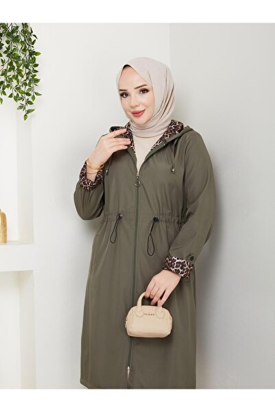 Dabenti women style Kadın Büyük Beden Leopar Detaylı Trençkot