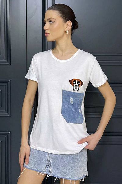 GÜLSELİ Γυναικείο T-Shirt White Crew Neck με τσέπη