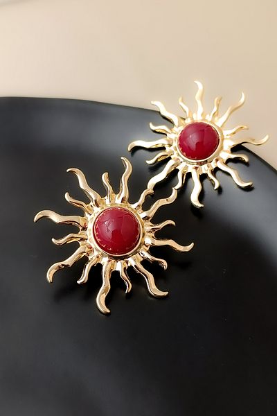 COSİTA Sun Figure Gold Steel Earrings Claret Red