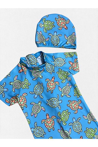 Fil Kids Costum de baie pentru băiat, culoare albastră, cu model Caretta Caretta, cu mânecă scurtă, țesut strâns, cu uscare rapidă