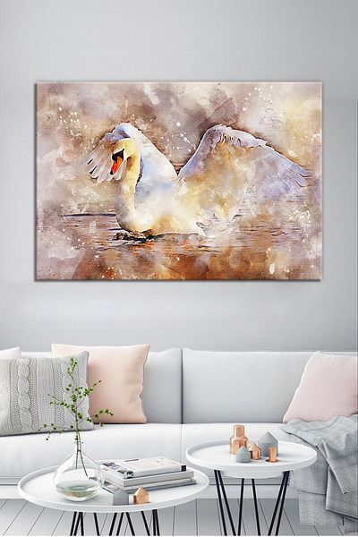 Morfil Sanat Atölyesi Swan in the Swan Lake Watercolor Effect Canvas Print