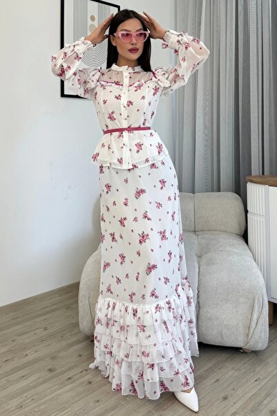 lodmela Floral Pattern Blouse and Skirt Double Suit 4707-White/Fuchsia