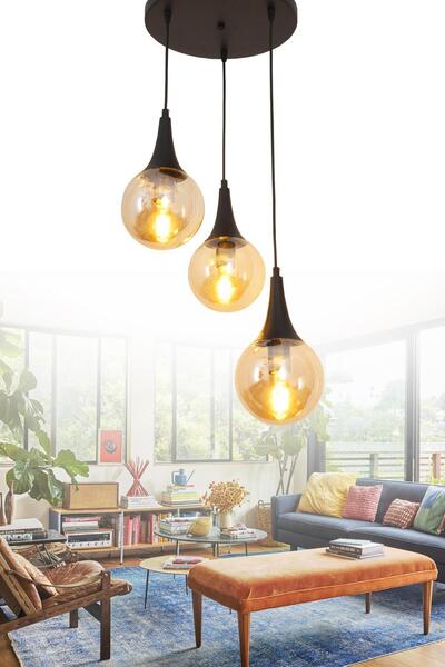 Taşcan Aydınlatma Suzi 3 Lü Siyah Tepsili Sarkıt Avize Bal Camlı Dekoratif Ta...