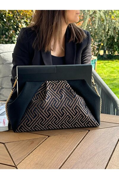 JOPHIEL Patchwork, Zincirli, Ahşap Burslu Çanta, Clutch, El Çantası, Kol Çantası, Omuz Çantası