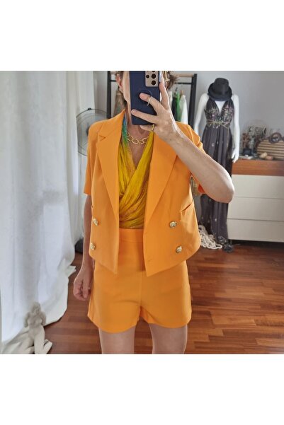 pudubutik Gold Button Detailed Orange Classic Shorts Slim Fit