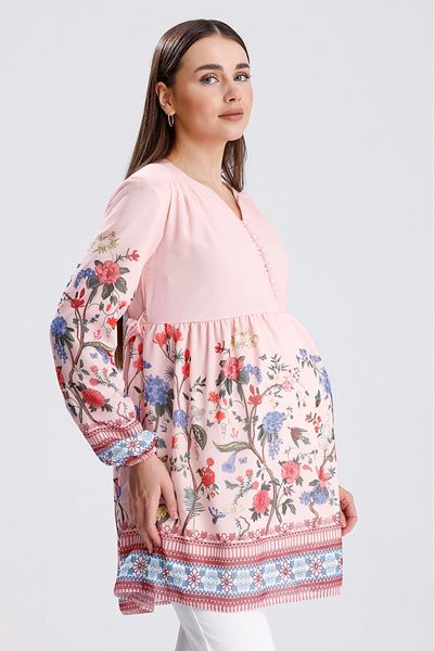 KATLİN MATERNİTY WEAR بلوزة شيفون مبطنة بنمط زهرة الأمومة مع تفاصيل أزرار الياقة (الرضاعة)