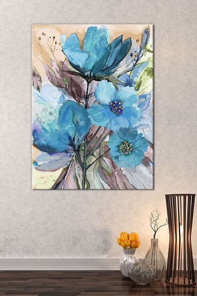 Morfil Sanat Atölyesi Blue Watercolor Floral Artistic Canvas Print