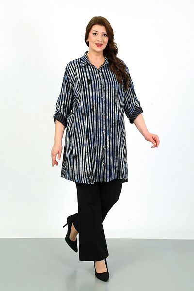 By Alba Collection Women's Navy Blue Striped Cotton Viscose Large Size Tunic