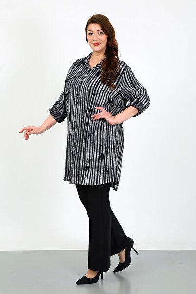 By Alba Collection Γυναικείο μαύρο ριγέ βαμβακερό τουνίκ βισκόζης Plus Size