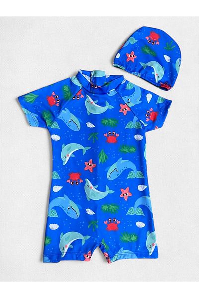 Fil Kids Boy's Blue Whale Crab Dolphin Print Short Sleeve Tight Woven Quick Dry Boned Swimsuit