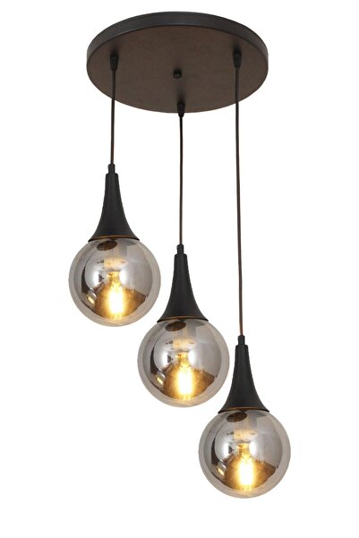 Taşcan Aydınlatma Suzi 3 Lü Siyah Tepsili Sarkıt Avize Füme Camlı Dekoratif Tasarım Yatak Odası Mutfak Salon Avize