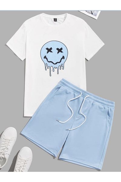 Sky Light Unisex White Printed T-Shirt - Baby Blue Shorts - Summer