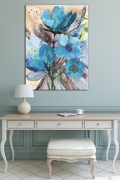Morfil Sanat Atölyesi Blue Watercolor Floral Artistic Canvas Print