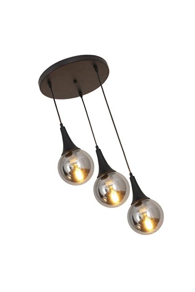 Taşcan Aydınlatma Suzi 3 Lü Siyah Tepsili Sarkıt Avize Füme Camlı Dekoratif Tasarım Yatak Odası Mutfak Salon Avize