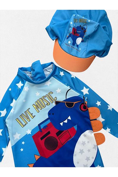 Fil Kids Boy's Blue Music and Dinosaur Pattern Long Sleeve Visor Hat Tight Woven Quick Dry Swim Trunks