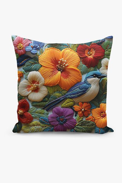Filamente Double Sided Digital Printing Throw Pillow Cover Embroidery Look Bird Pattern