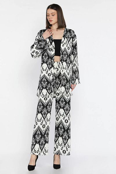GÜLSELİ Creamy Black Women's Patterned Kimono Pants Double Set