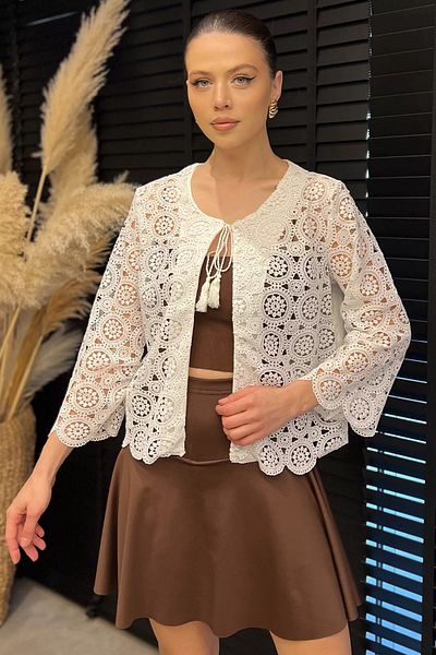GÜLSELİ Cream Collar Tie Lace Embroidered Women's Linen Cardigan