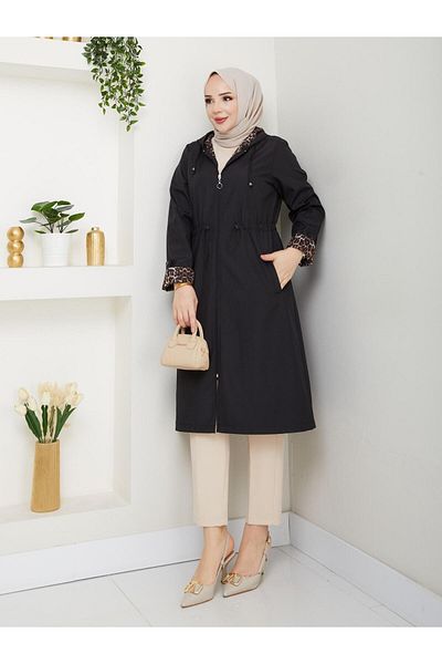 Dabenti women style Women's Plus Size Leopard Detailed Trench Coat