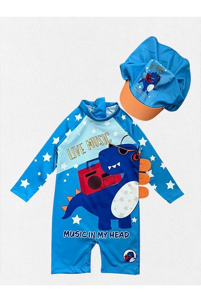 Fil Kids Boy's Blue Music and Dinosaur Pattern Long Sleeve Visor Hat Tight Woven Quick Dry Swim Trunks