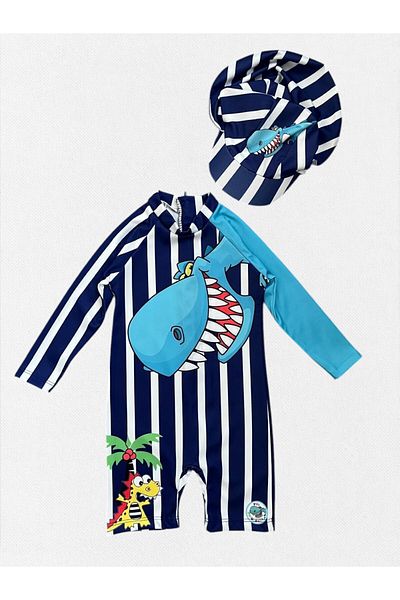 Fil Kids Boys' Navy Blue Striped Dinosaur Pattern Long Sleeve Visor Hat Tight Woven Quick Dry Swimsuit