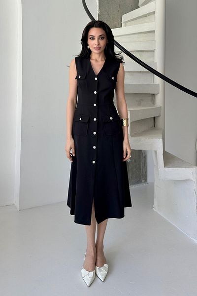 Serica Moda Black Stone Button V-Neck Midi Dress