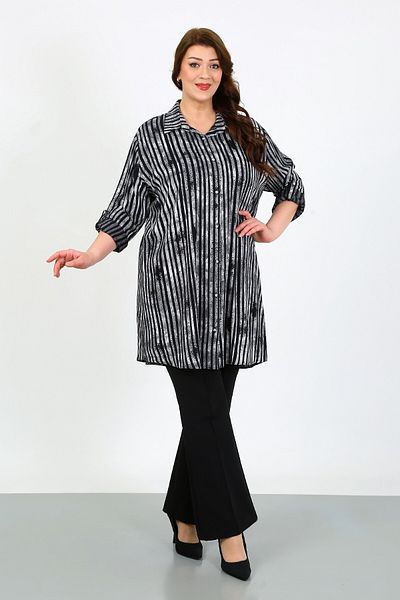 By Alba Collection Women's Black Striped Cotton Viscose Large Size Tunic