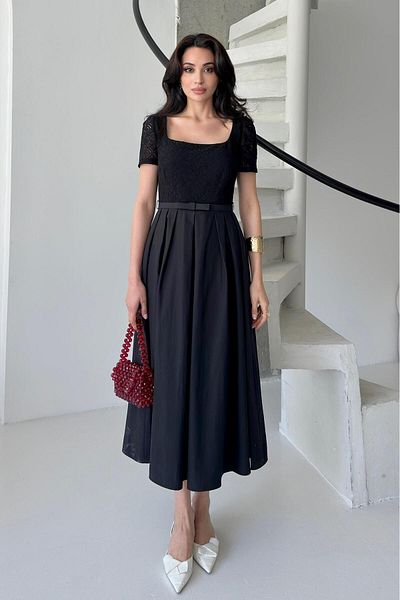 Serica Moda Black Lace Detailed Square Neck Midi Dress