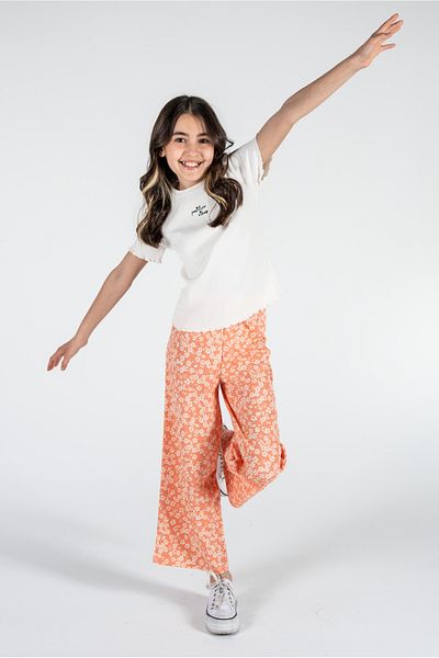 Kyron Girl's White T-Shirt and Floral Print Pink Pants Set / with Different Color Options