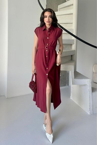 Serica Moda Burgundy Belt Detailed Shirt Collar Midi Dress