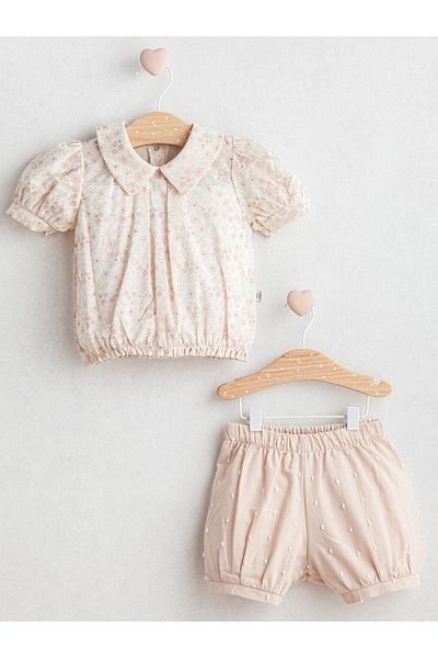 Tongs Baby Baby Girls 100% Cotton Flowery 2-Piece Set Beige Color - Floral Pattern Button Blouse and Drawstring Shorts