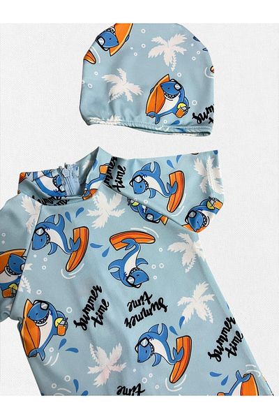 Fil Kids Costum de baie cu mânecă scurtă, cu mânecă scurtă, cu uscare rapidă, cu model de rechin, pentru băiat