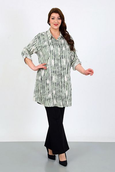 By Alba Collection Women's Khaki Striped Cotton Viscose Large Size Tunic