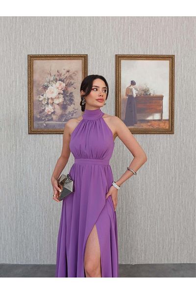 KOSHKA BUTİK Lilac Halter Neck Slit Long Silk Satin Dress