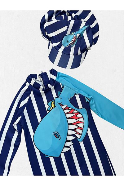 Fil Kids Boys' Navy Blue Striped Dinosaur Pattern Long Sleeve Visor Hat Tight Woven Quick Dry Swimsuit