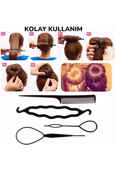 İnDerin Black Hair Knitted and Practical Styling Bun Buckle Apparatus Set of 4