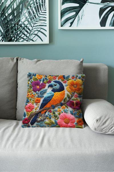 Filamente Double Sided Digital Printing Throw Pillow Cover Embroidery Look Bird Pattern