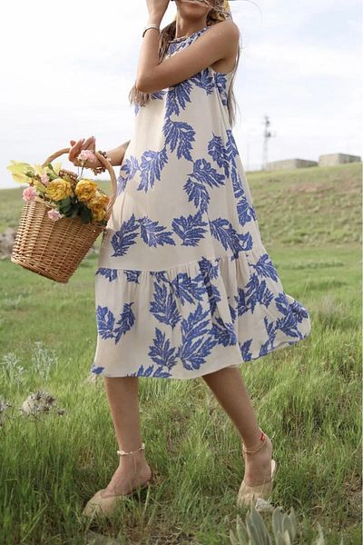 Suzi butik Women's Leaf Patterned Sleeveless Midi Dress 23662