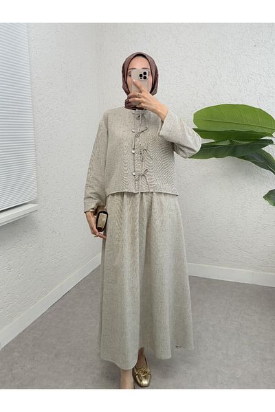 Modamorfo Stone and Ribbon Detailed Skirted Linen Suit - Stone