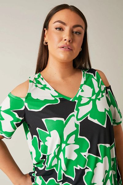 Stil Diva Large Size Open Shoulder Detail V-Neck Short Sleeve Print Blouse 615404